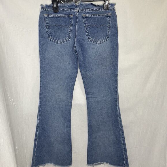 Vintage LEI Jeans Low Rise Flare Button Fly Raw Hem Denim Y2K 90s Womens 10 Blue - Picture 3 of 8